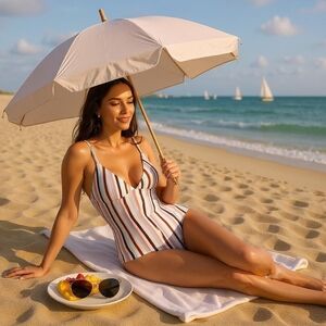 Striped ✦ Criss-Cross One Piece Swimsuit ✦ Scoop Neck + Padded Open Back S NWT